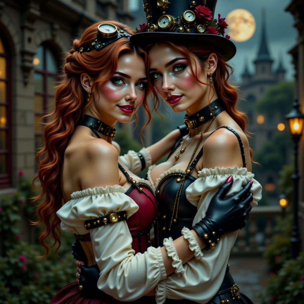 Steampunk Lovers Embrace Under the Full Moon