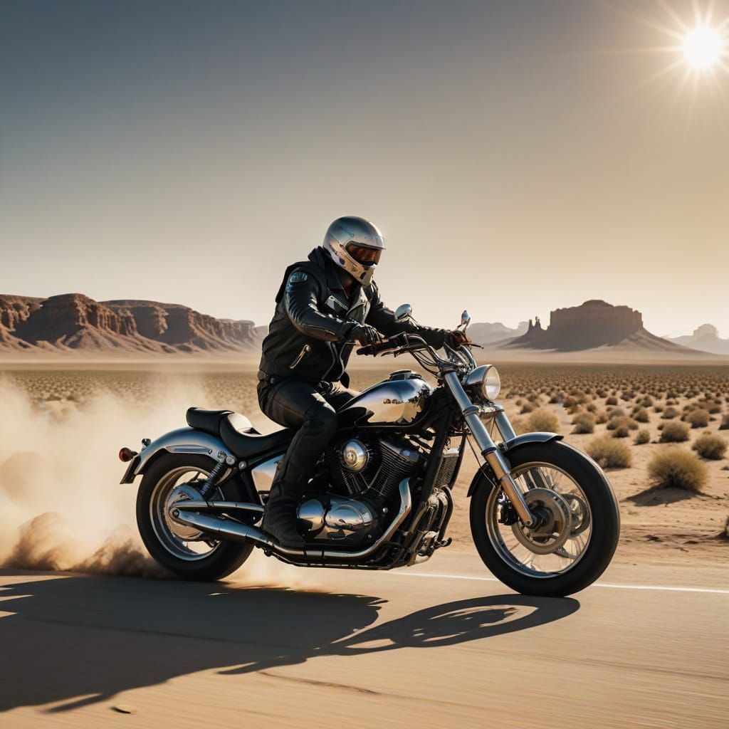 Chrome Plated Motorcycle Speeds Through Desert Landscape in ...