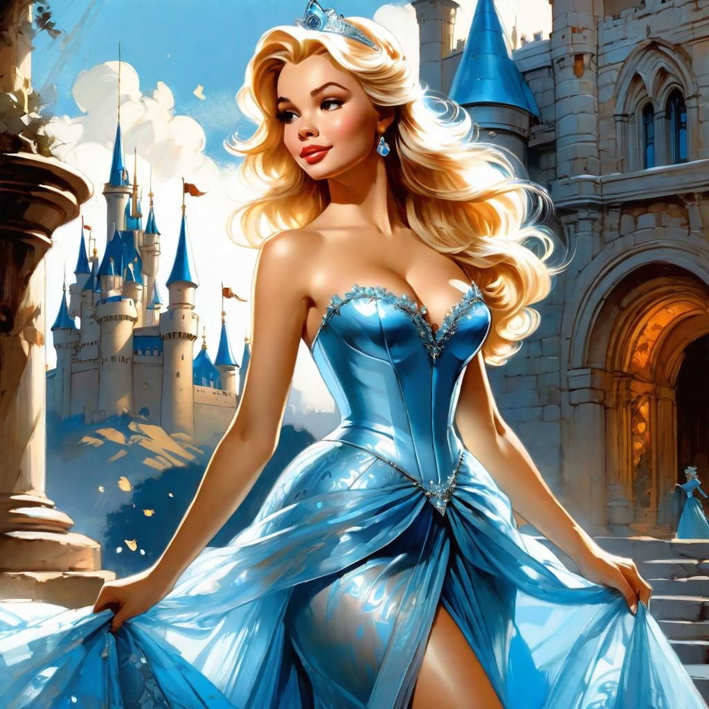 Gorgeous Cinderella in Blue Dress, Digital Painting