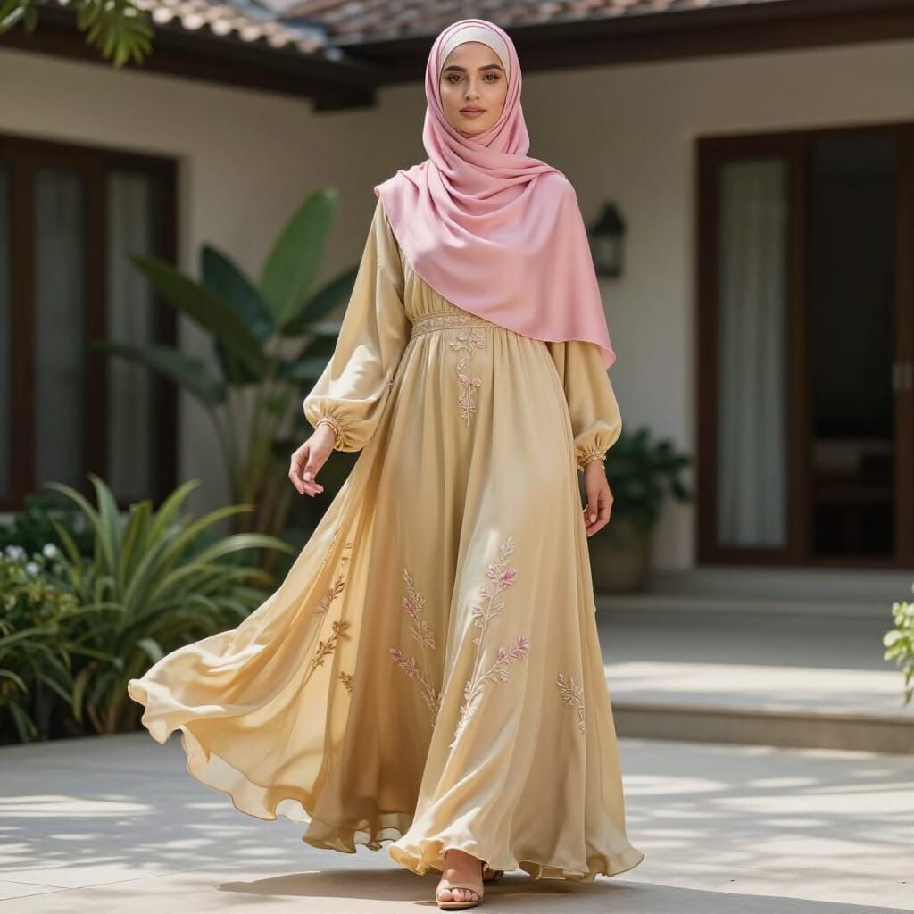 Elegant Muslim Woman in Pastel Gold Silk Dress