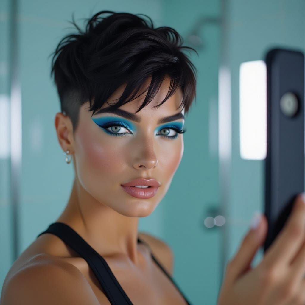 Athletic Woman's Moody Mirror Selfie in Bathroom
