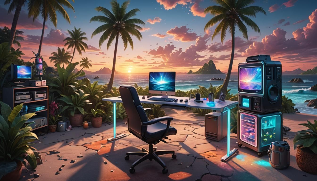 Tropical Island with Desktop Computer, Astral Illustration