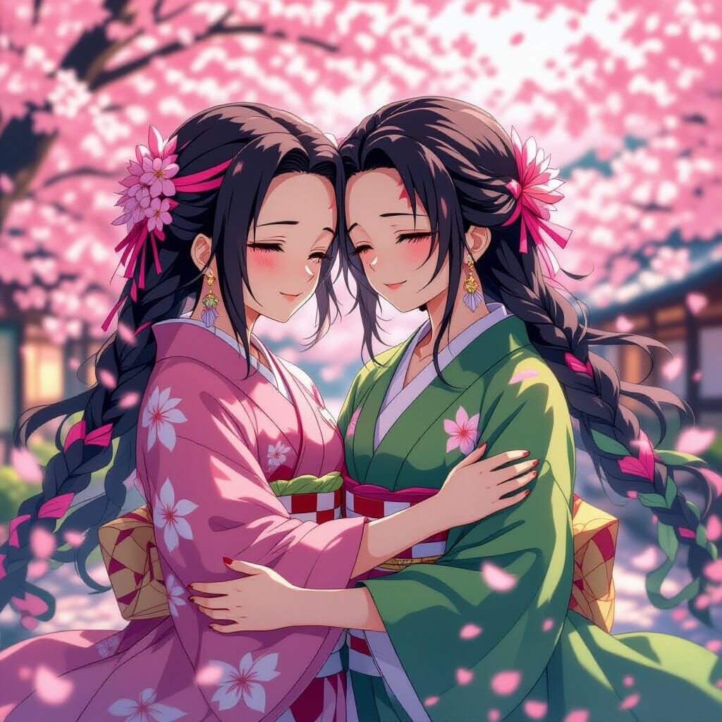 Anime Pillars Embracing Among Cherry Blossoms