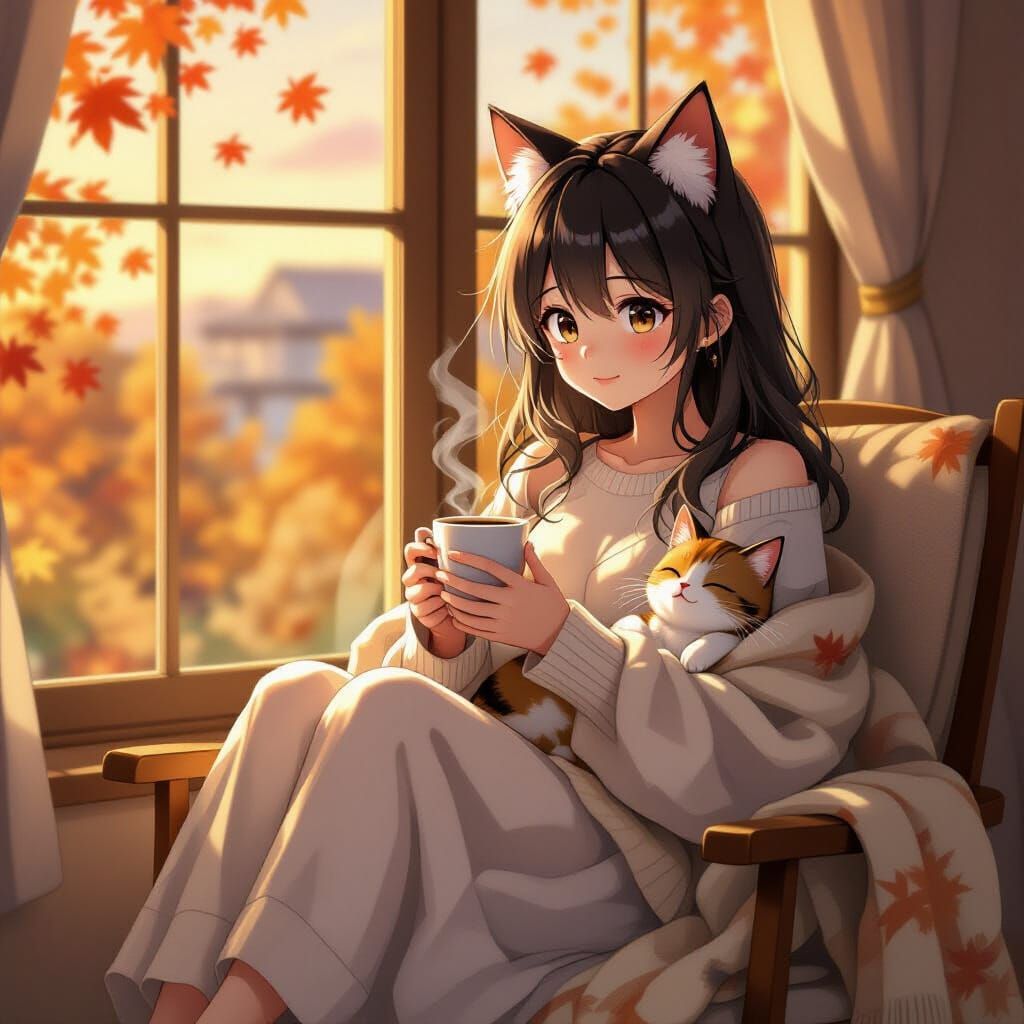Girl with Cat Ears and Cat at Dawn in Cozy Interior