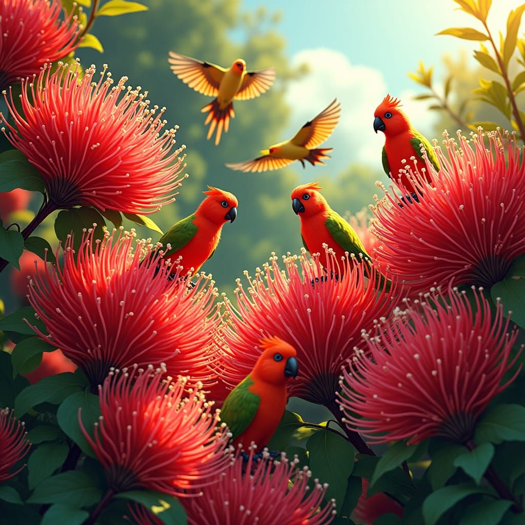 Bottlebrush and Rosellas in Studio Trigger Anime Style