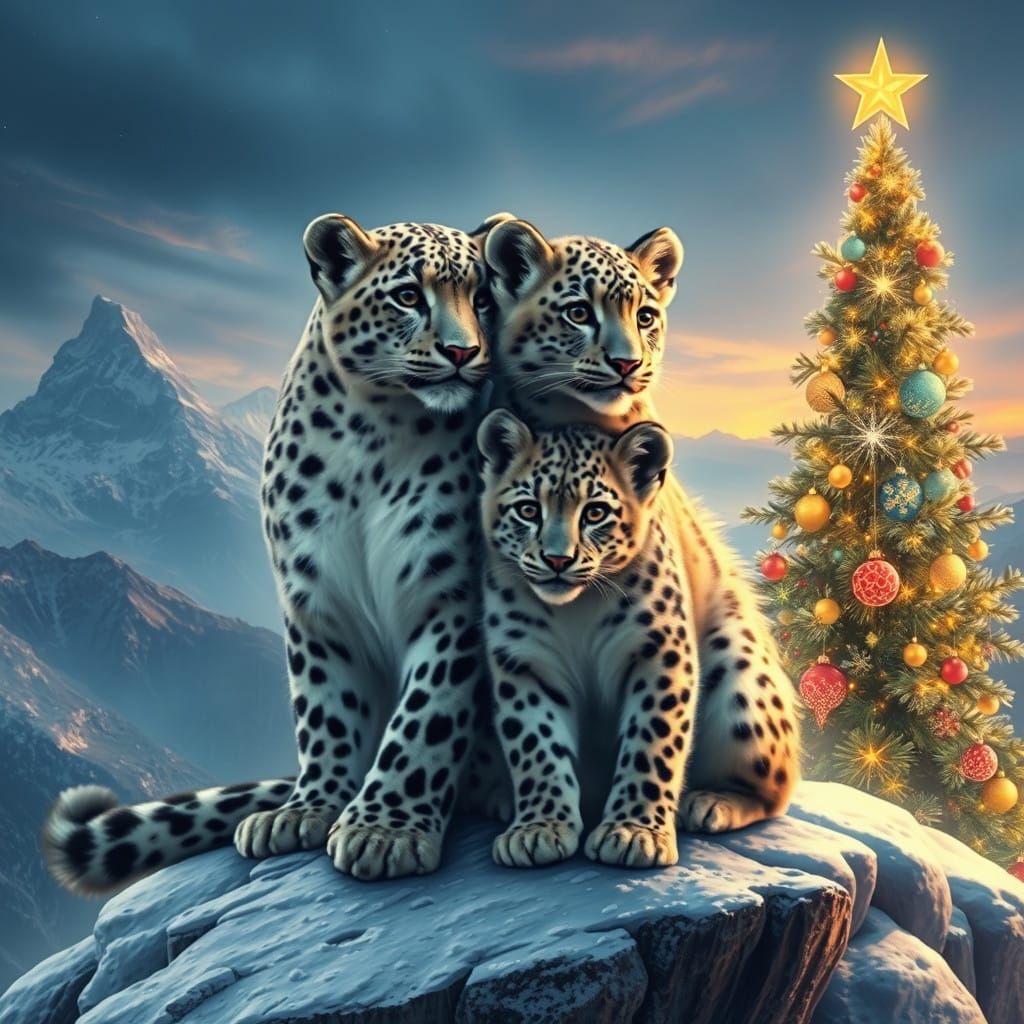 Snow Leopard and Cub Admire a Vibrant Christmas Tree in Hype...