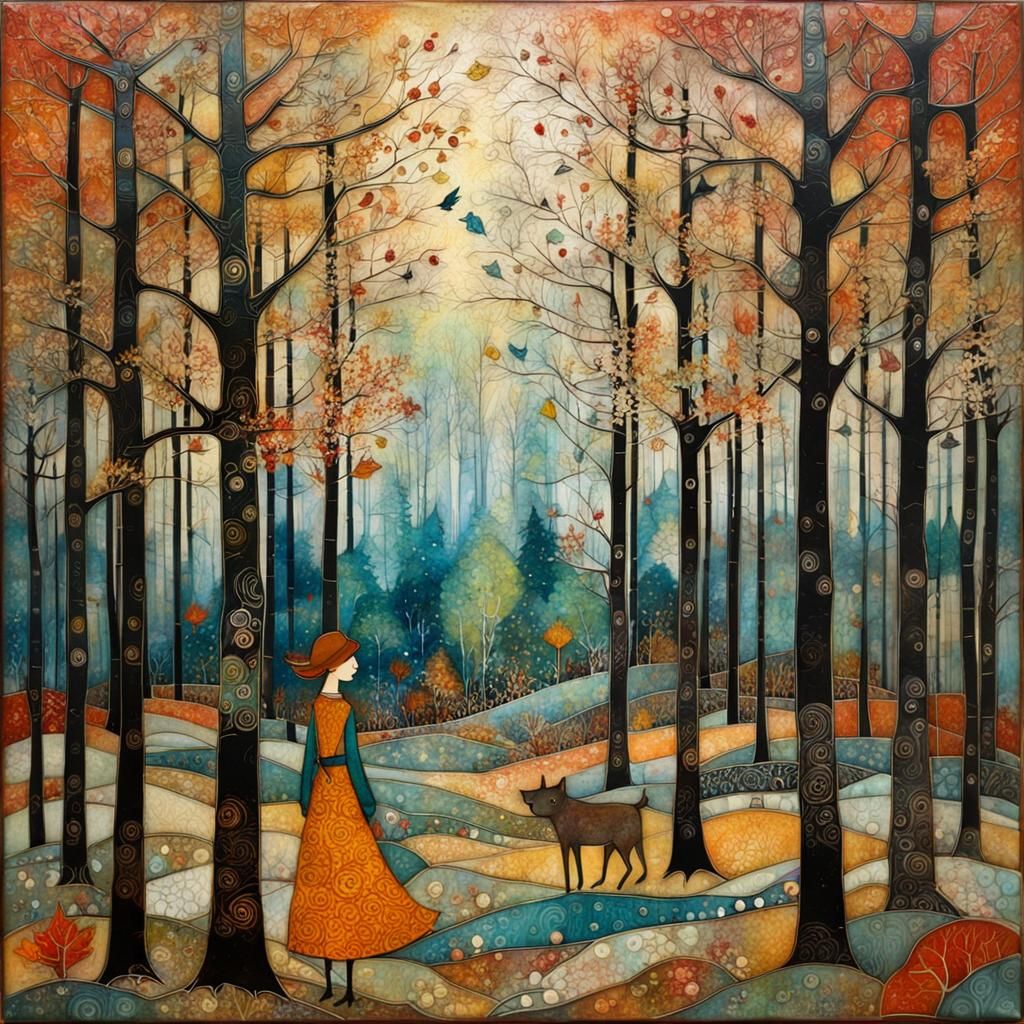 Encaustic Autumn Forest in Art Nouveau Style