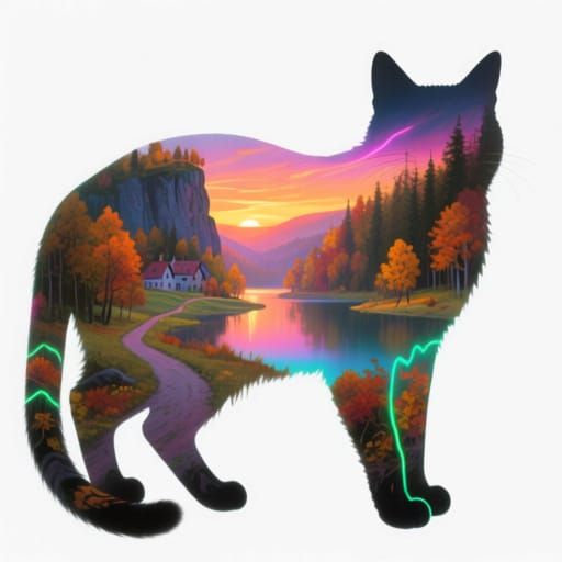Magical Autumn Sunset Landscape with Neon Cat