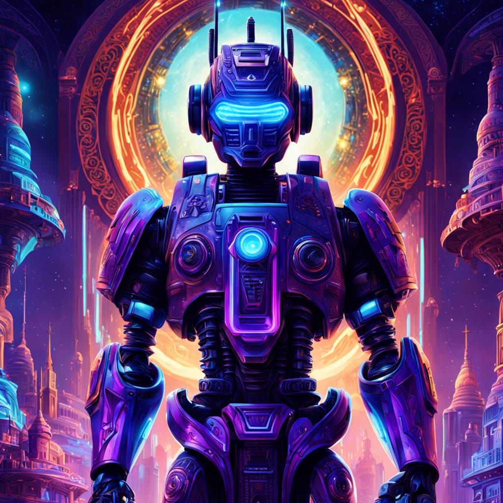 Cosmic Robot in Iridescent Holographic Detail