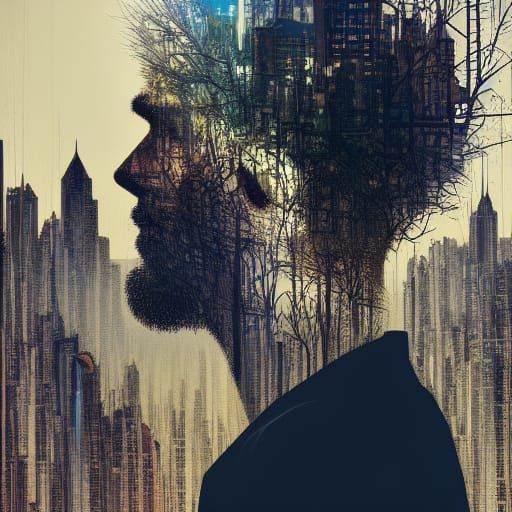 Surreal Cityscape Growing from a Man's Head