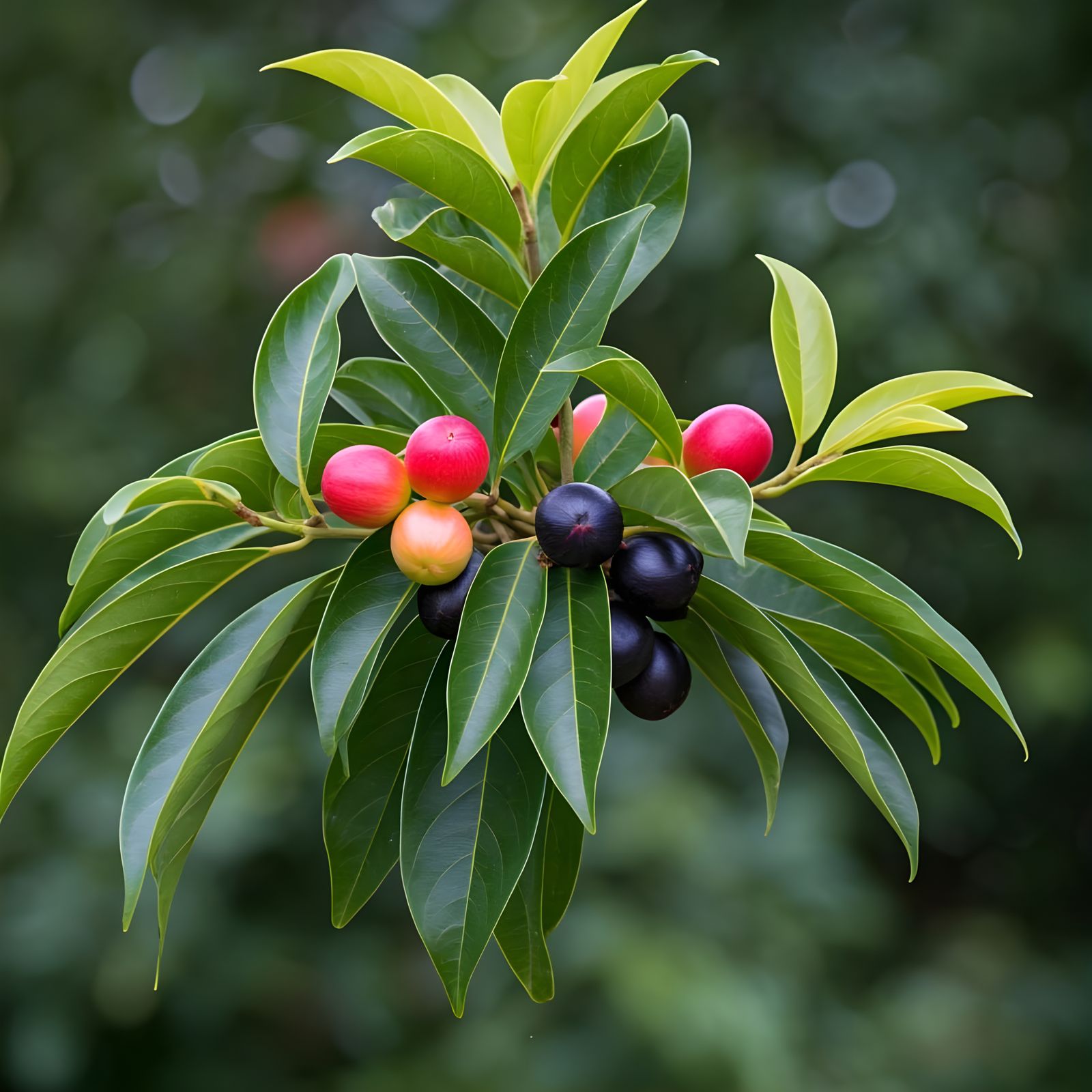 Lush Laurel Tree with Red and Black Fruits