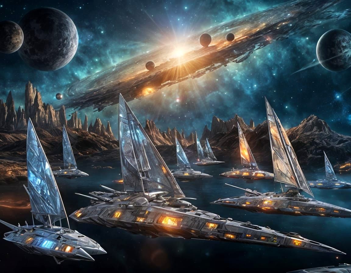 Futuristic Solar Sail Spaceships Race Past Alien Cities