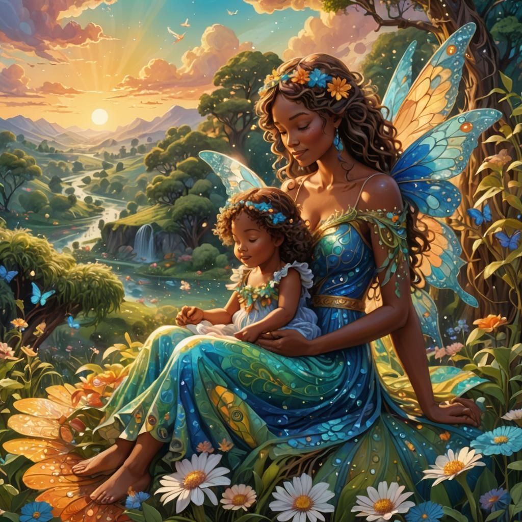 Psychedelic Fairy with Daughter in Cosmic Setting