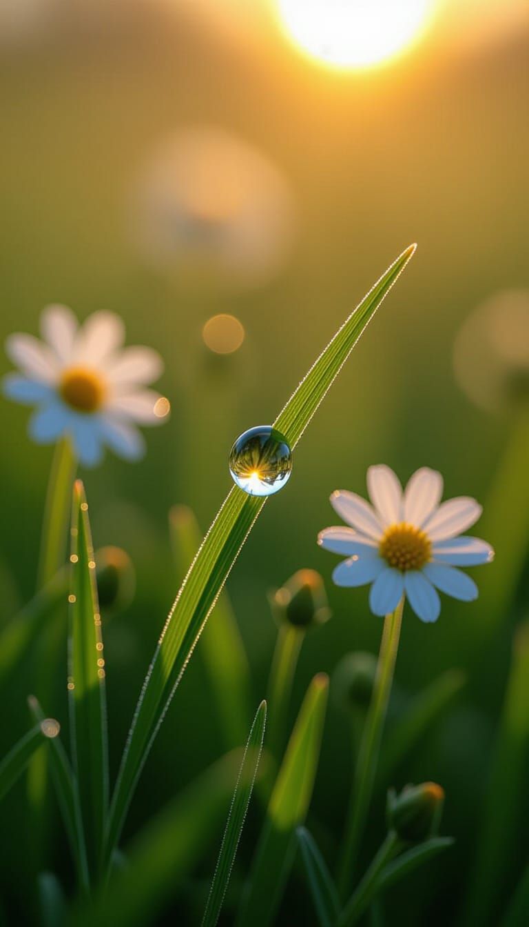 Hyperrealistic Dewdrop Reflection at Golden Hour
