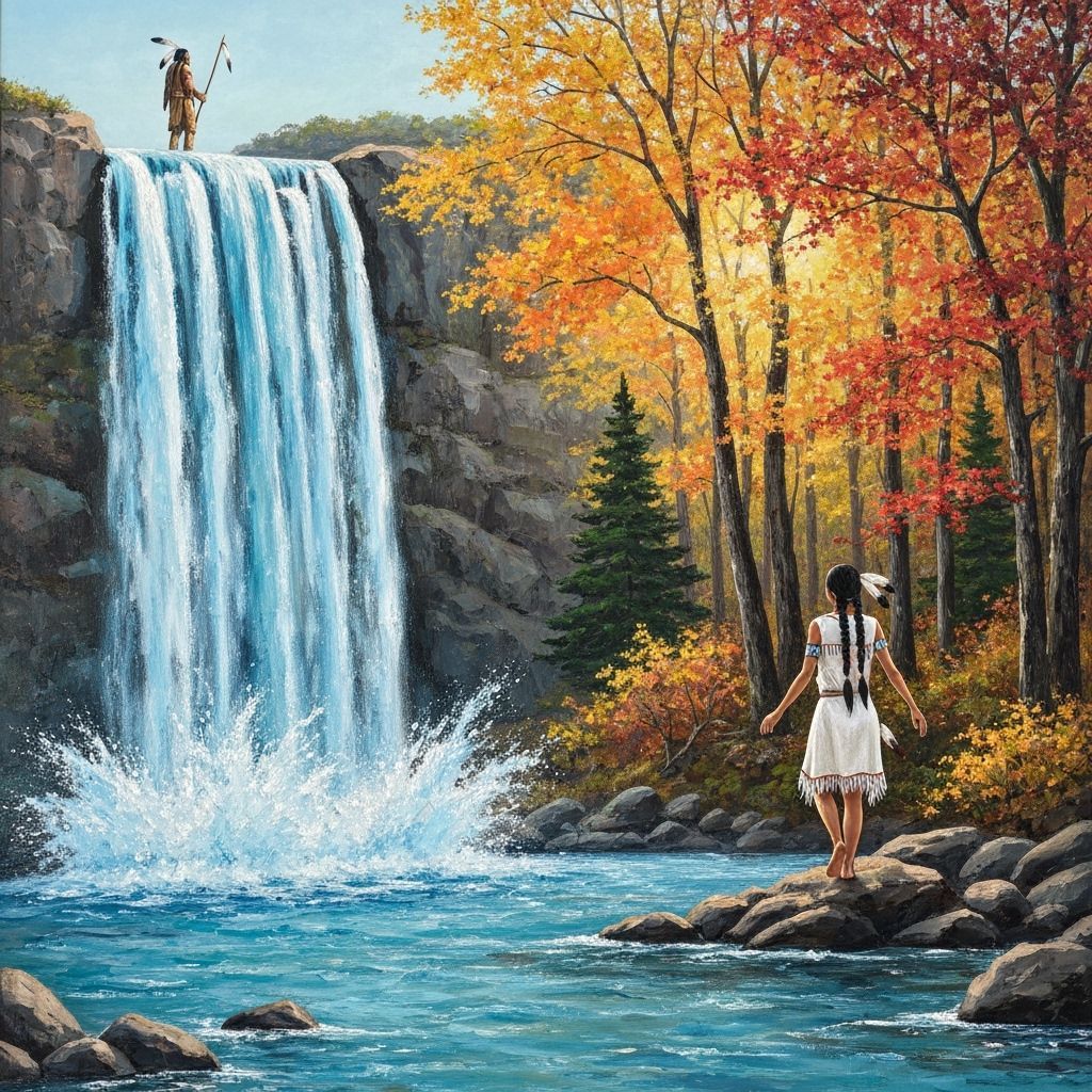 Native American Figures Watch Waterfall in Autumn Woods