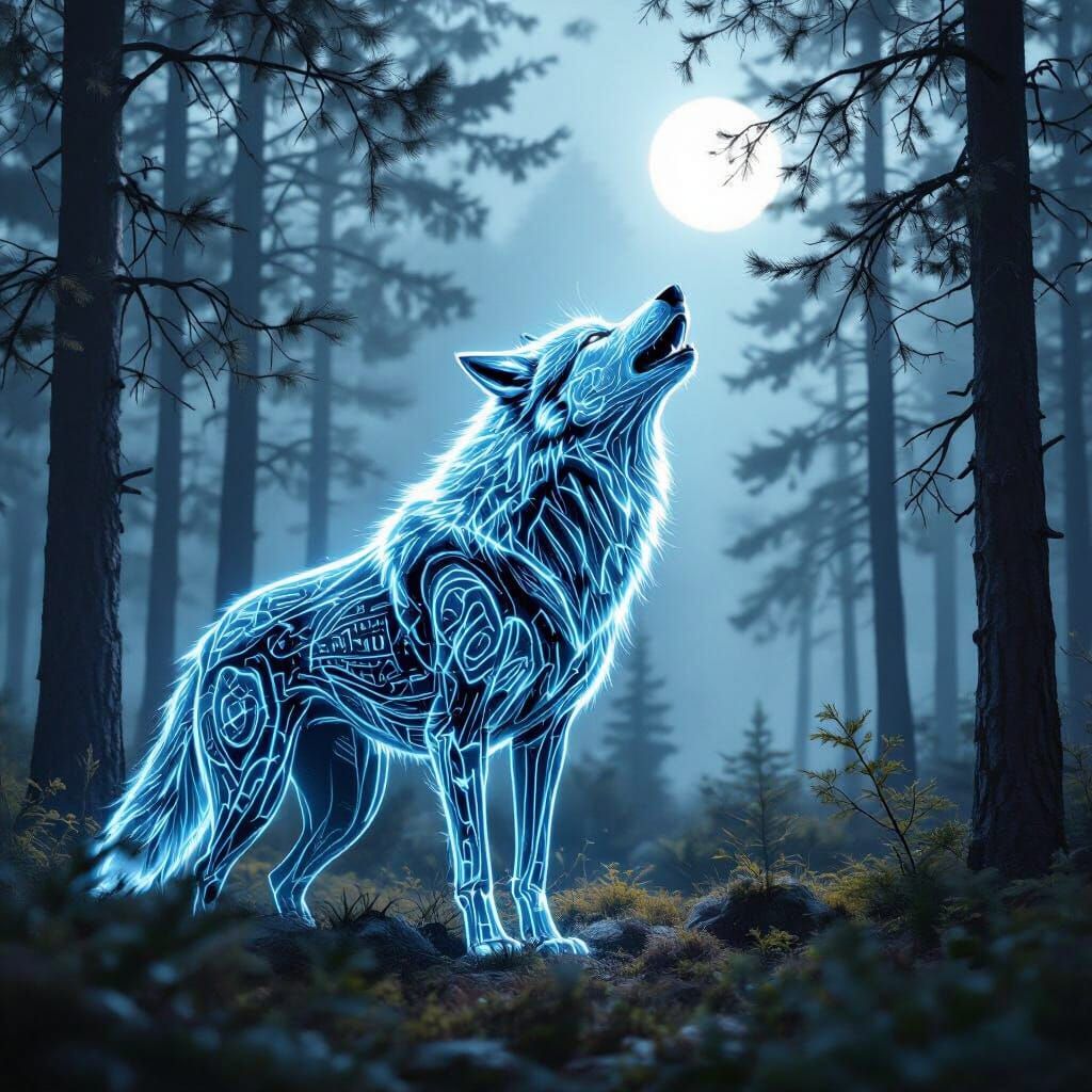 Bioluminescent Wolf Howling in Dark Forest