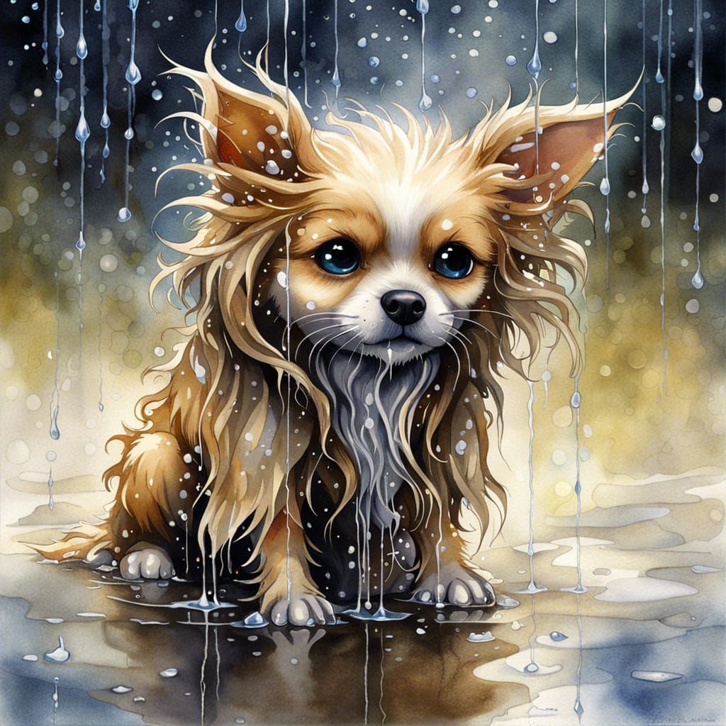 Watercolor of Adorable Wet Puppy in Summer Rain
