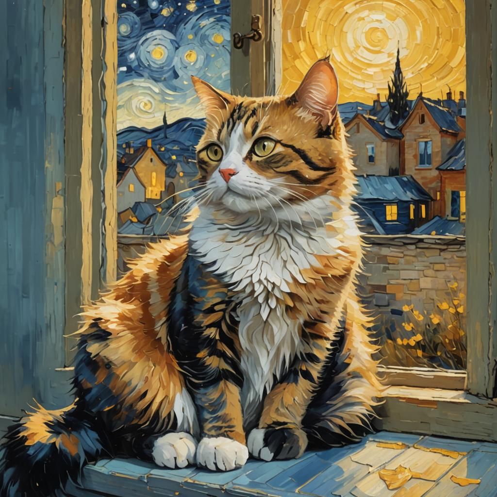 Cat Gazing at Starry Night Sky in Post-Impressionist Oil Pai...