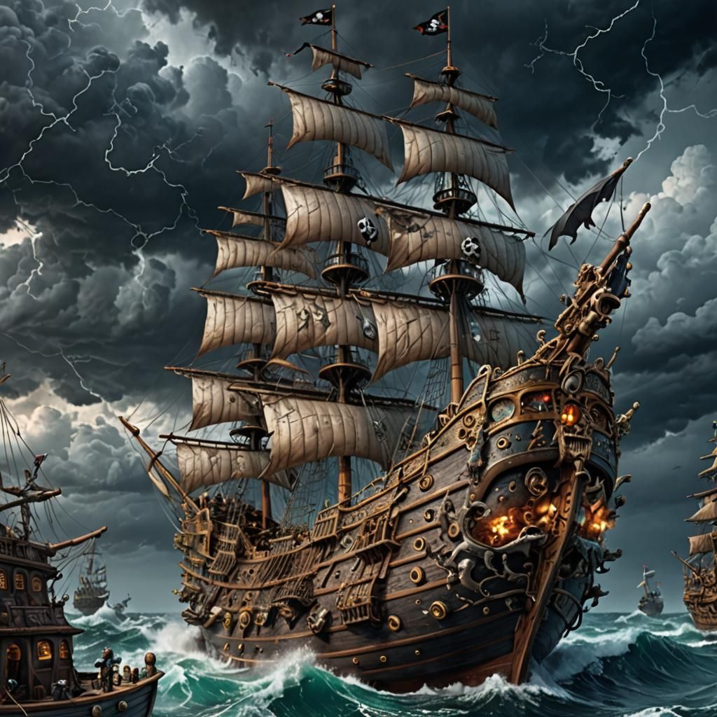Stormy Pirate Ship: Hyperdetailed Maximalist Image