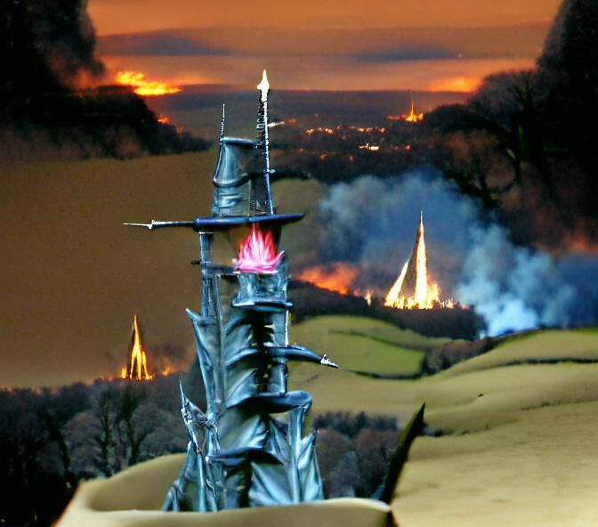 Towering Spire with Distant Flames