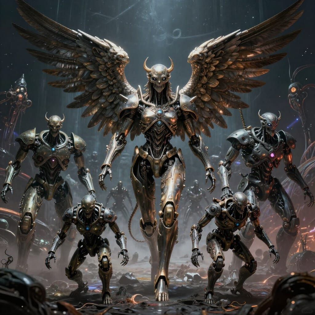 Robotic Angels in Cosmic Battlefield Digital Painting