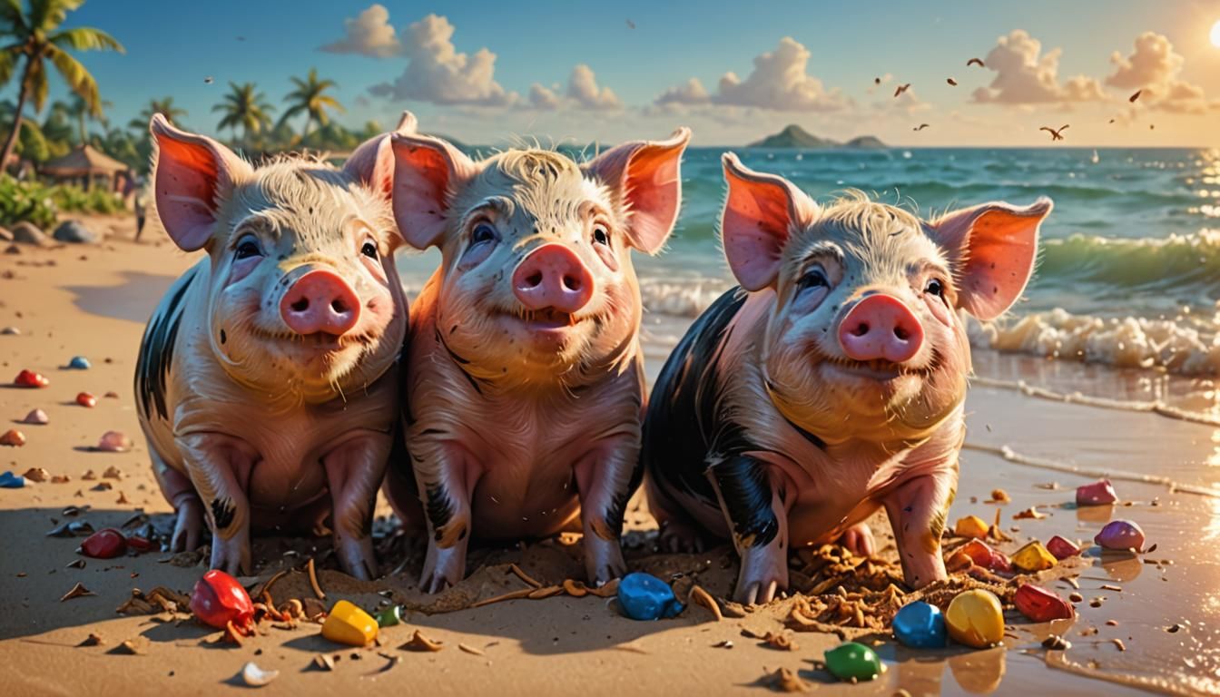 Happy Pigs Relaxing on a Tropical Beach