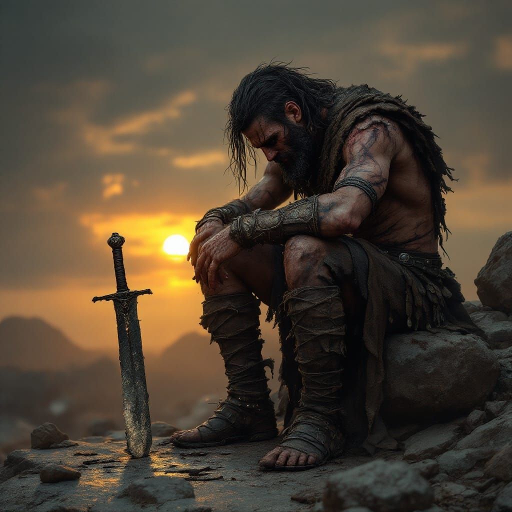 Warrior's Despair in Dark Fantasy Landscape