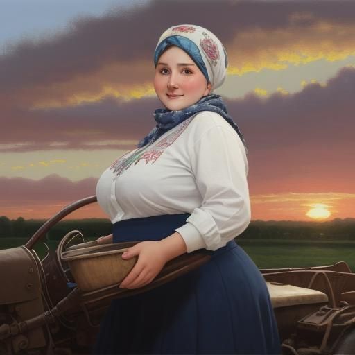 Strong Woman Rides Tractor at Sunset, Gurney Style