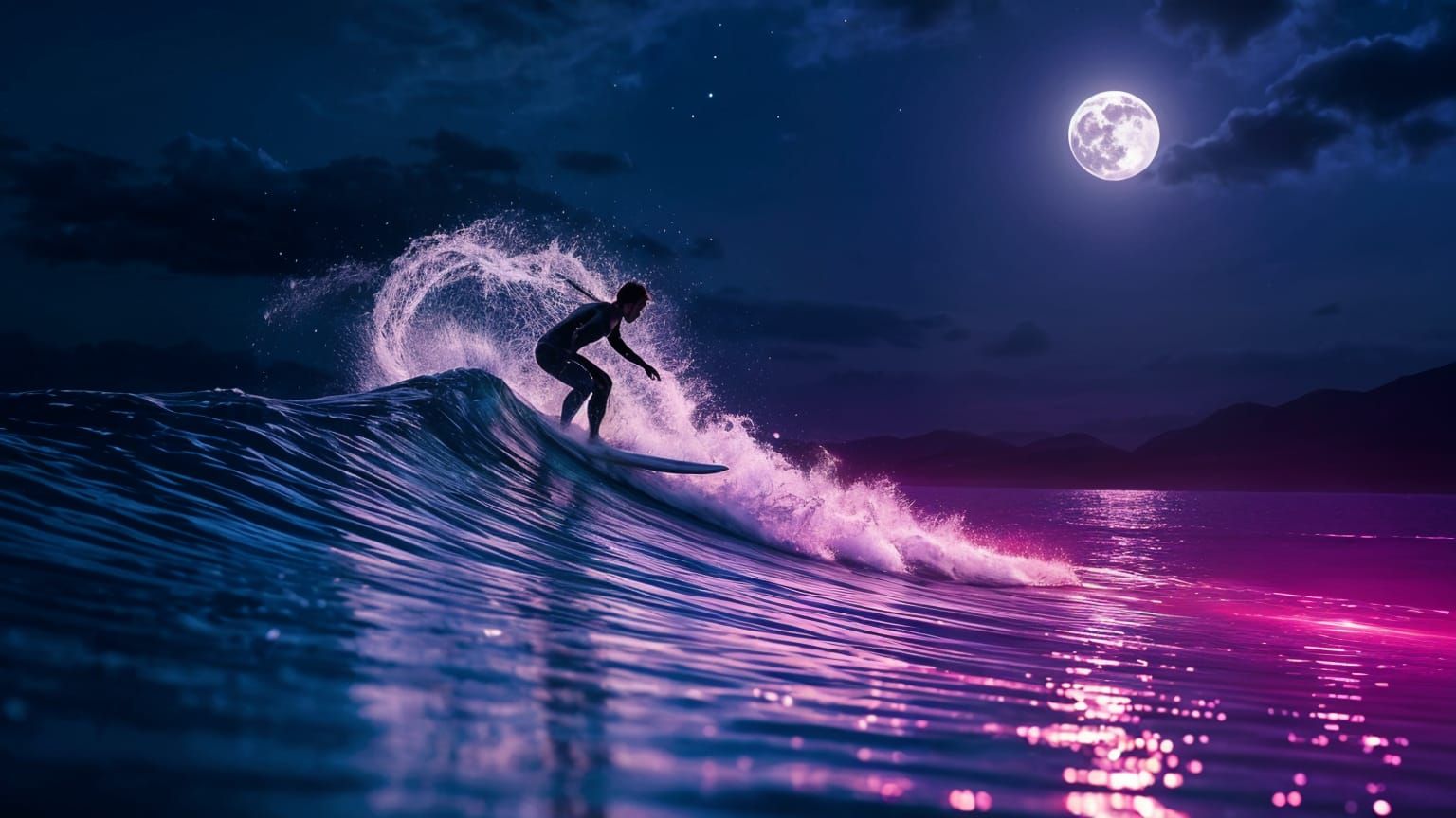 Ethereal Moonlit Surf Scene in Triadic Colors