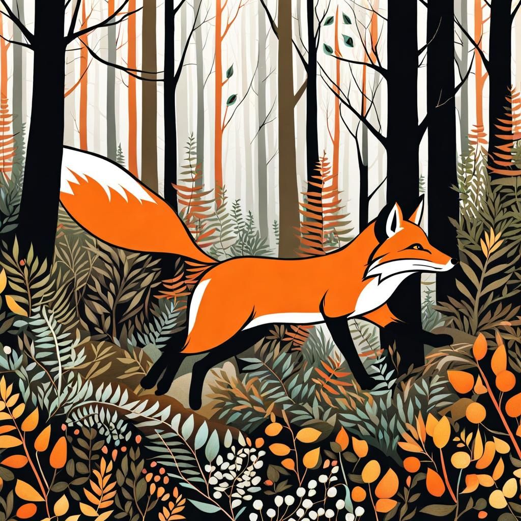 Fox Running Through Woods: Digital Watercolor Illustration