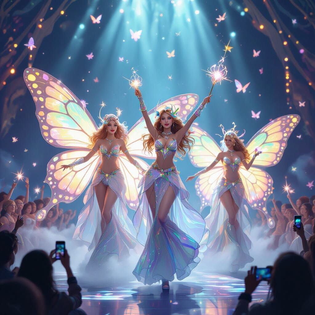 Elven Showgirls Ride Bioluminescent Butterflies On Stage