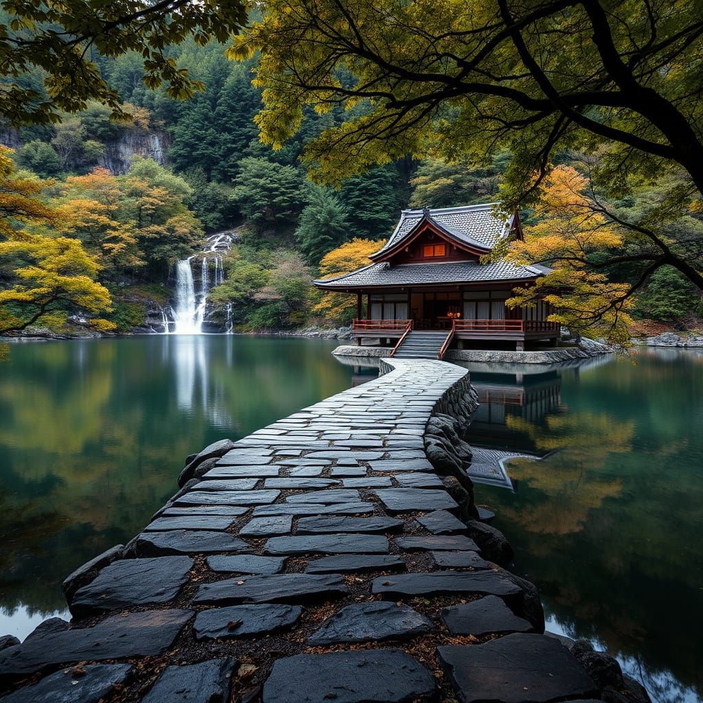 Serene Japanese Lake Scene in Warm Autumn Hues