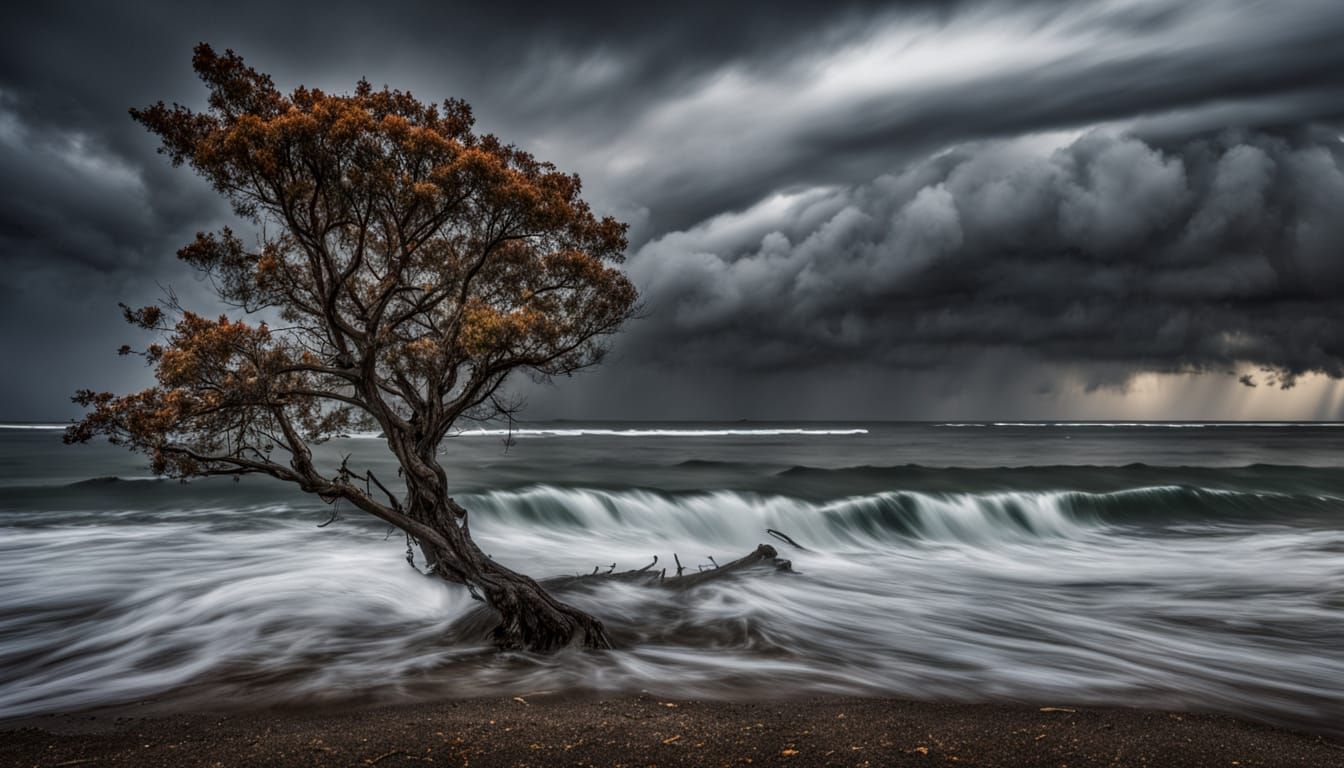 Stormy Sky Over Lonely Tree with Turbulent Sea