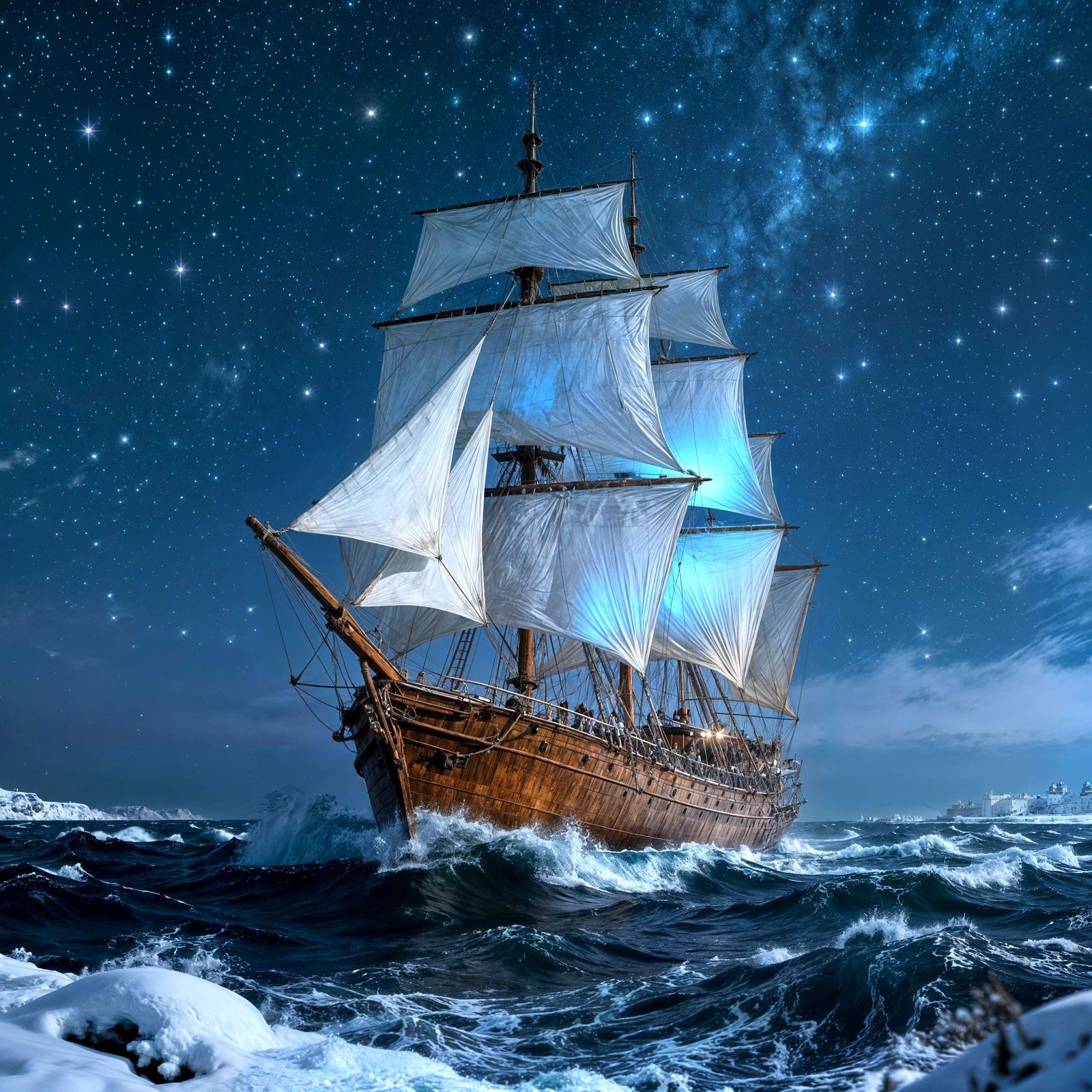 Winter Sea Scene with Starry Sky and Sailboat