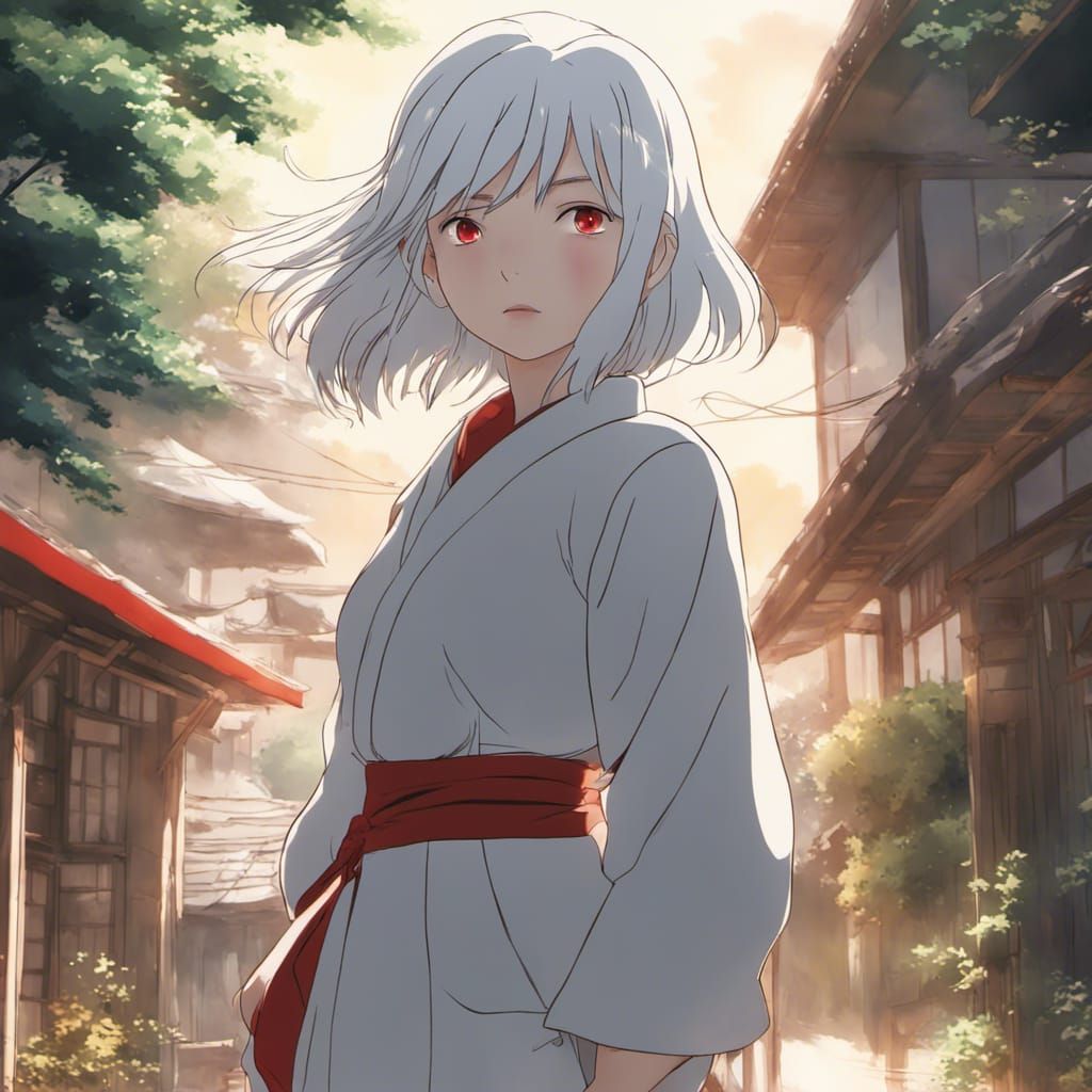 Anime Girl with White Hair, Red Eyes