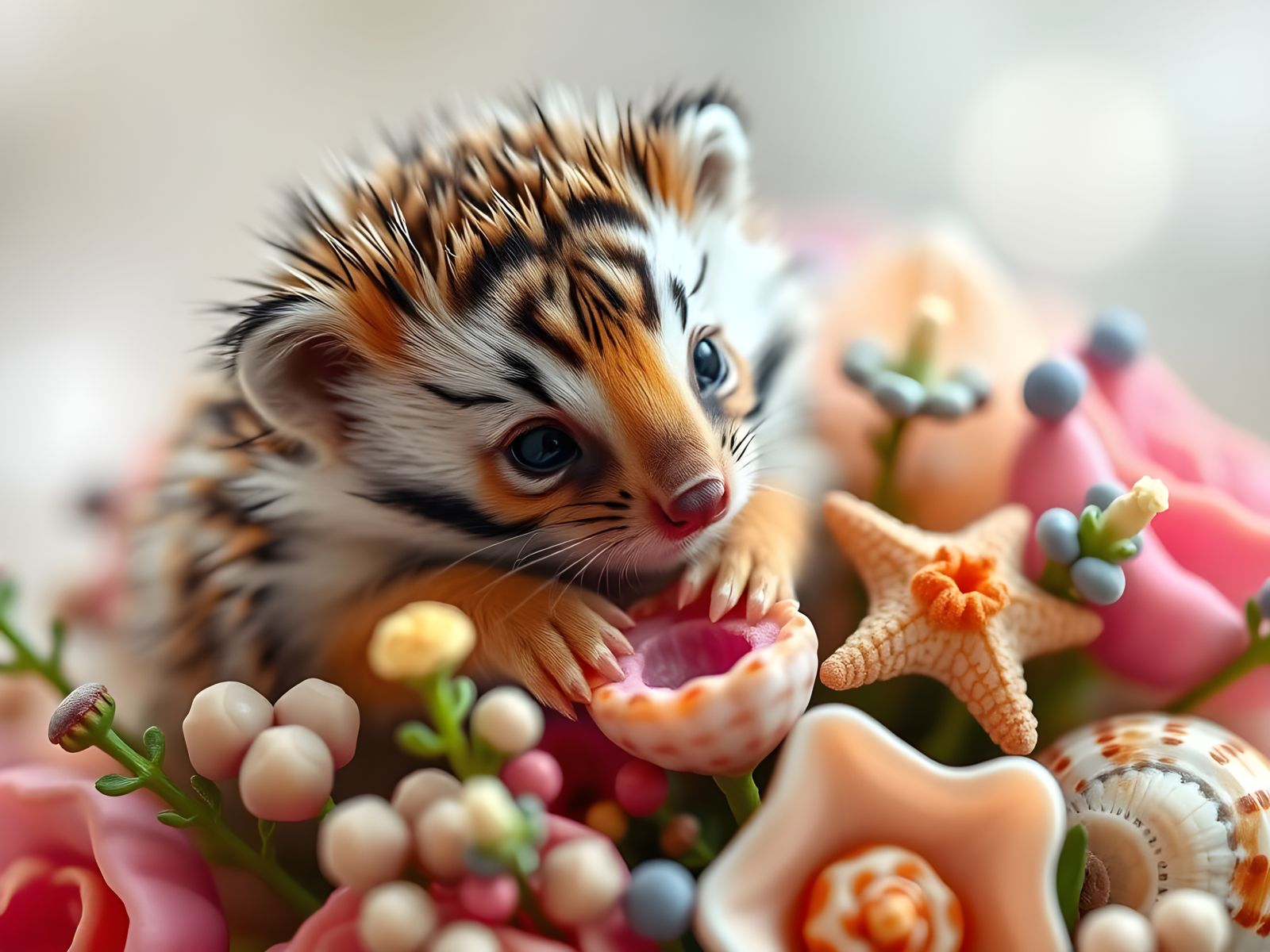 Surreal Whimsical Hedgehog Tiger Cub in a Bouquet