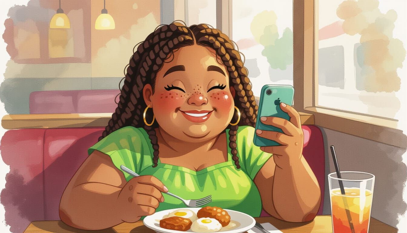 Smiling Girl Photographing Dinner: Watercolor Painting