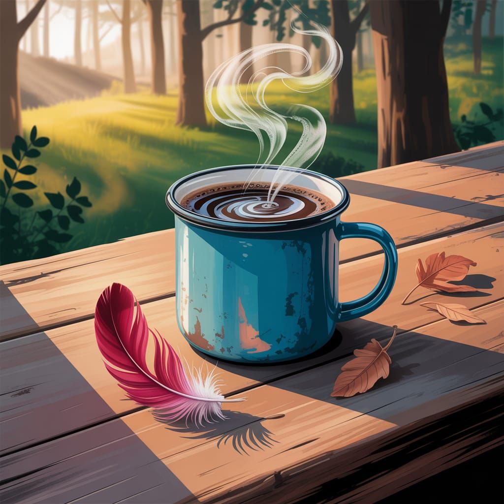 Golden Hour Forest Scene with Coffee and Feather