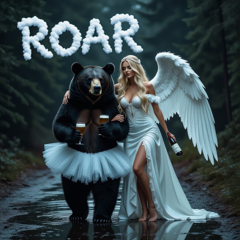 Drunken Angel Leans on Bear in Ethereal Melancholy