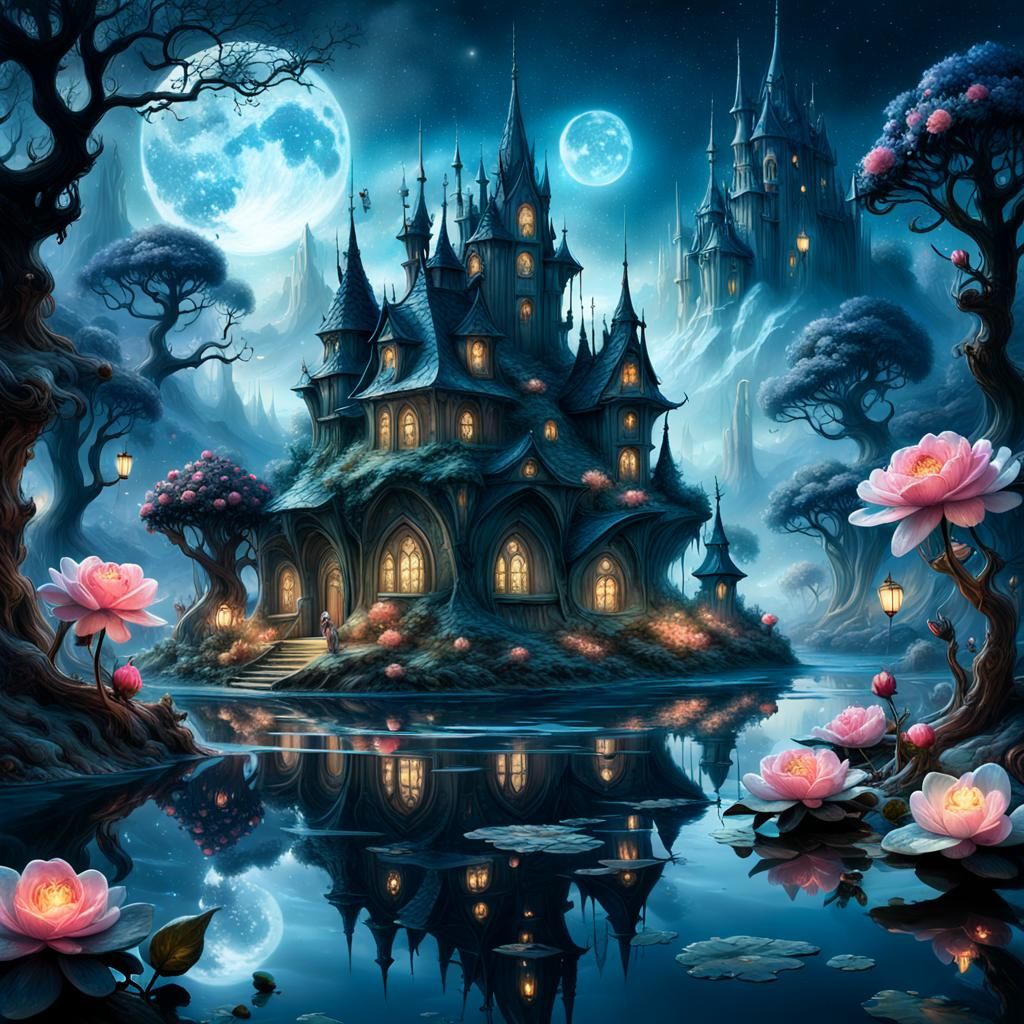 Fairy Village Reflections Under Moonlight: Digital Illustrat...