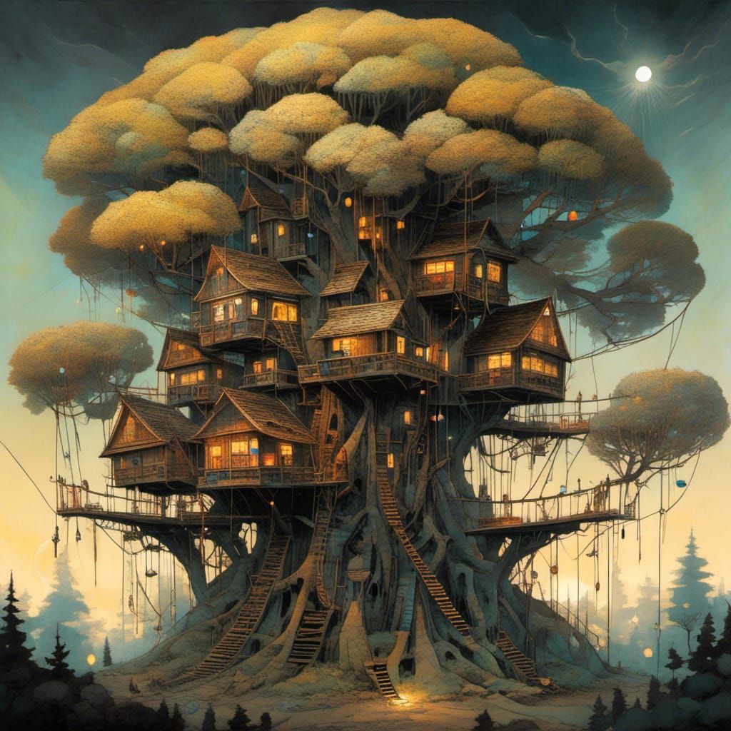 Treehouse Village in a Moody Forest, Enigmatic Ambiance