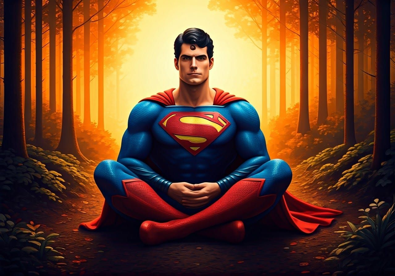 Superman Meditating in Forest, Whimsical Art Style