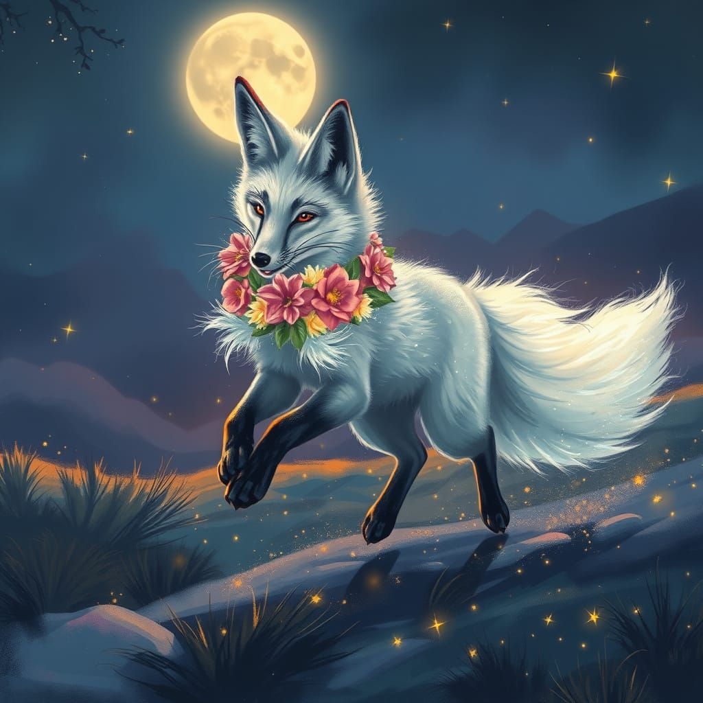 Silver Fox Under Starry Moonlit Skies