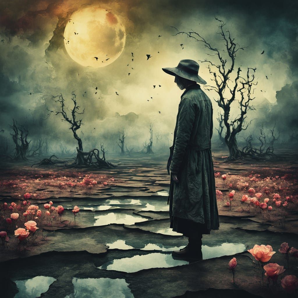 Surreal Exile in Dreamlike Ink-Wash Landscape