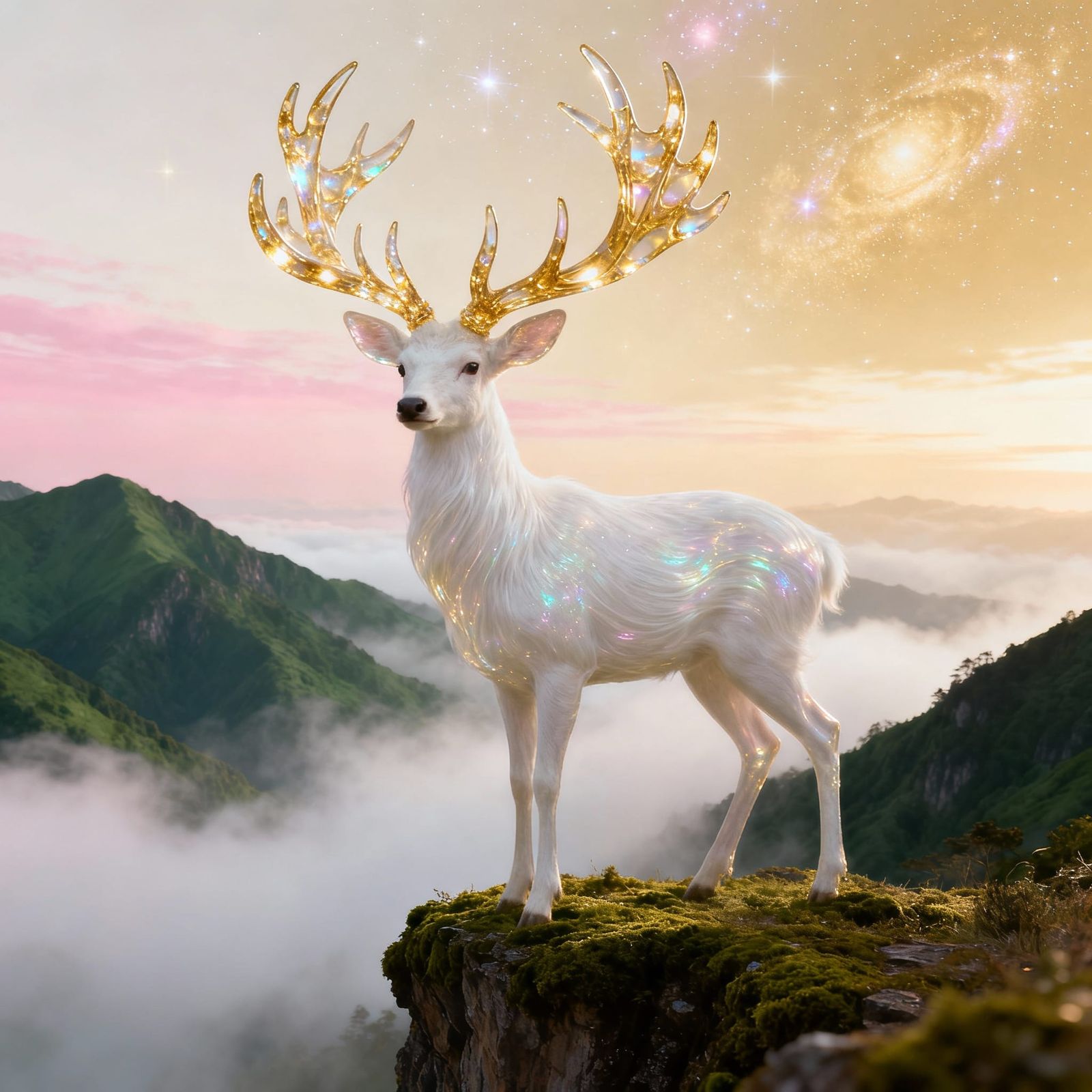 Elegant Fantasy Stag with Silk Fur and Gold Glass Antlers