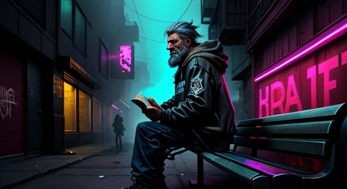 Cyberpunk Homeless Man Reads Book in Neon Alleyway