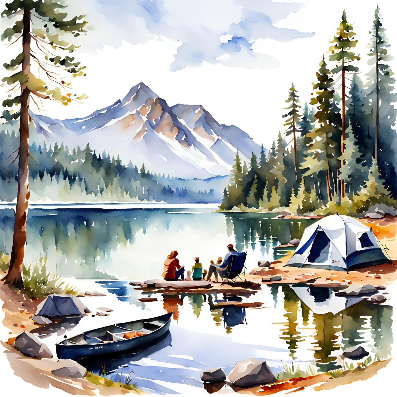 Beautiful watercolor artwork of gorgeous family in beautiful lakeside camping scene 🏕️
