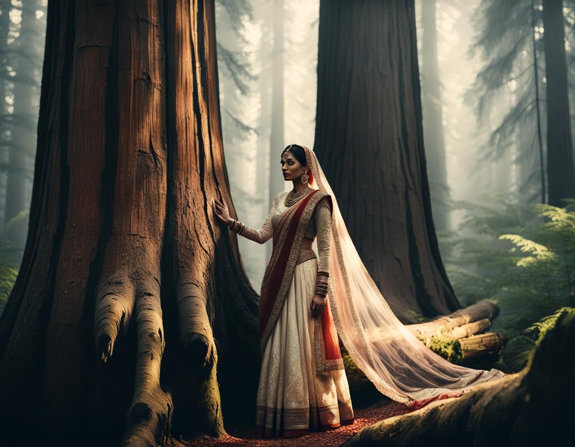 Indian Bride in Redwood Forest: Cinematic Film Still
