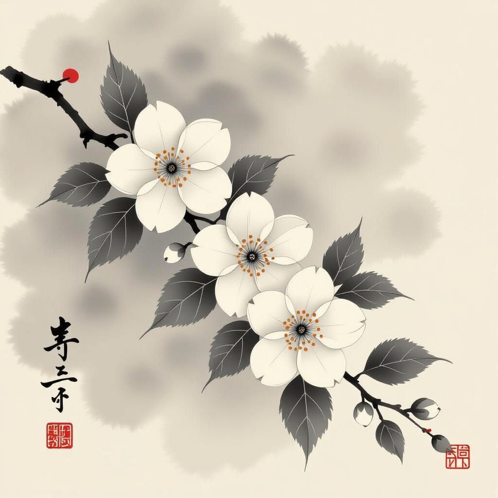 Sumi-e Ink Splash of Jasmine Blossoms