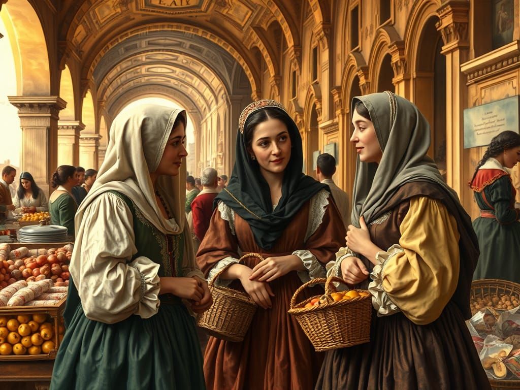 Medieval Noblewoman in 19th Century Italian Market Scene